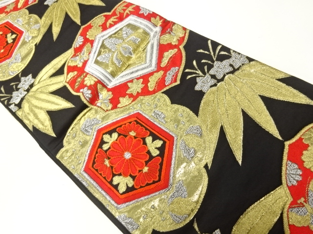 アンティーク　絵皿に菊桐・笹竜胆模様織出し袋帯（着用可）